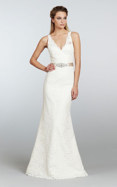 Stunning V-Neck Long Lace Dress With Crystal Ribbon Sash - 1