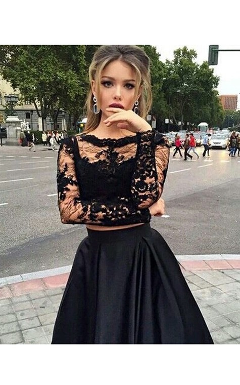 Ball Gown Long Sleeves Bateau Satin Floor-Length Dresses - 2