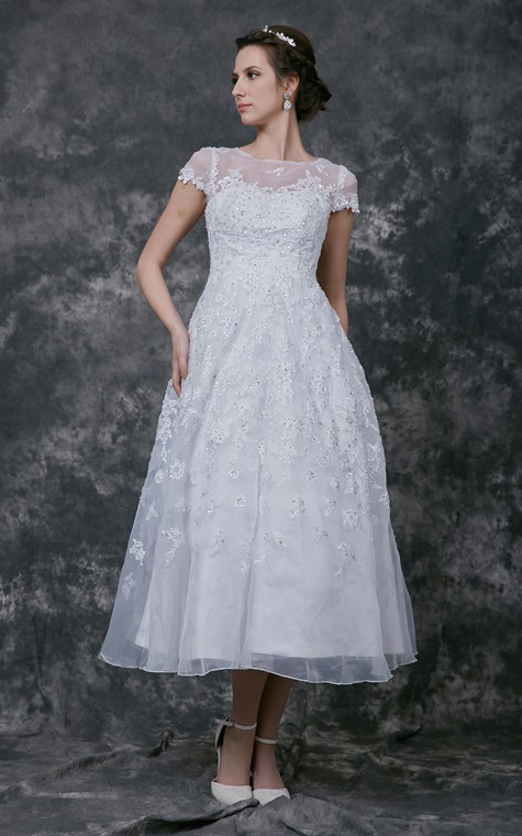 Modern Cap-sleeve Dress With Illusion Neckline and Beaded Lace Applique - 1
