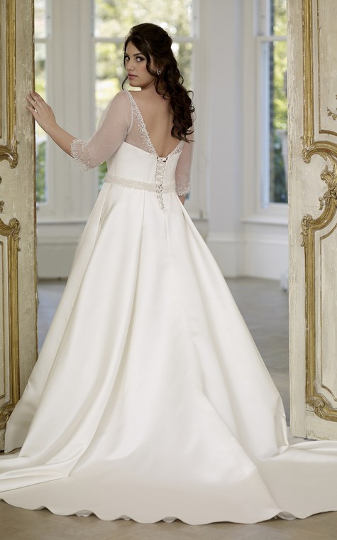 A-Line Floor-Length Scoop Neck Half Sleeve Illusion Satin Court Train Low-V Back Beading Dress - 2