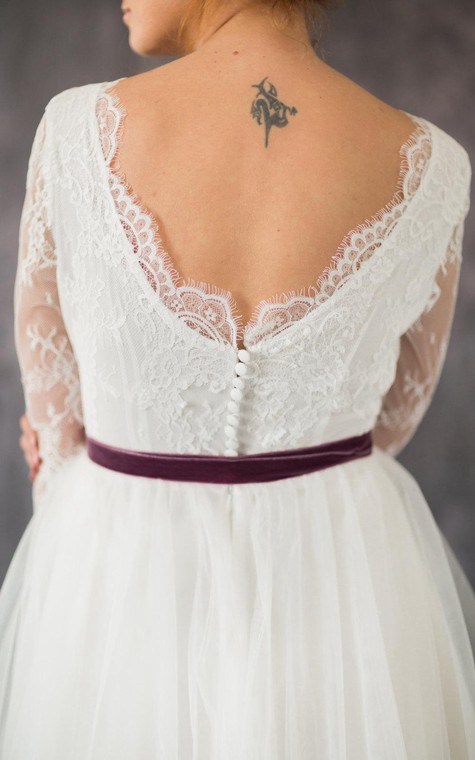 3-4 Sleeve A-Line Lace and Organza Dress With Bateau Neckline and Satin Sash - 5