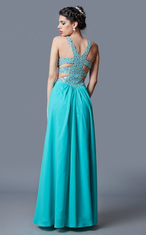 Stunning Sleeveless Long Chiffon Gown with Sequined Bodice and Side Cutouts - 3
