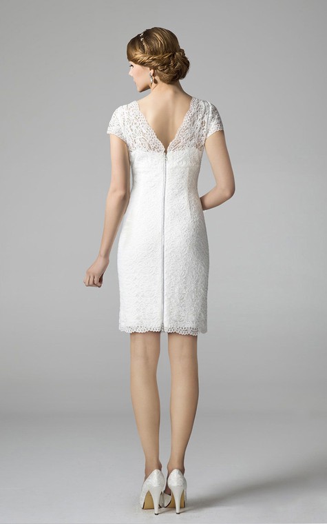 High Neck Form Fitting Lace Short Wedding Dress - 2