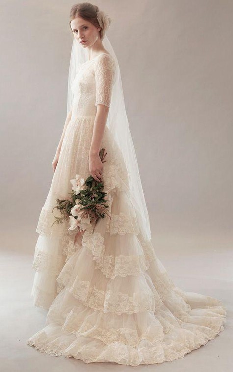 Short Sleeve Lace A-Line Bateau Neck Dress With Tiers - 1