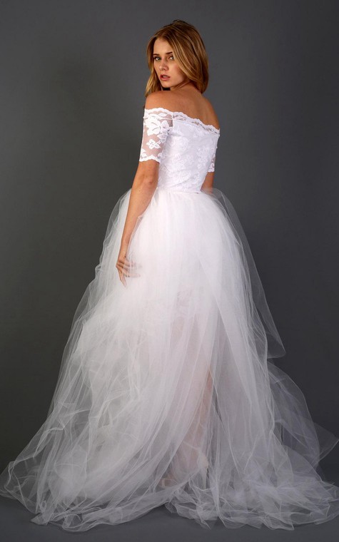Sheath Off-The-Shoulder Short Sleeve Lace Dress With Detachable Tulle Skirt - 5