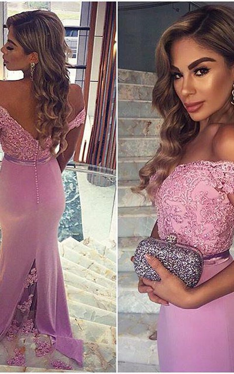 Elegant Lace Appliques Mermaid 2016 Prom Dress Off-the-shoulder Sweep Train - 4