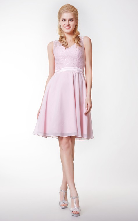 V-neck V-back A-line Knee Length Dress Lace Bodice - 1