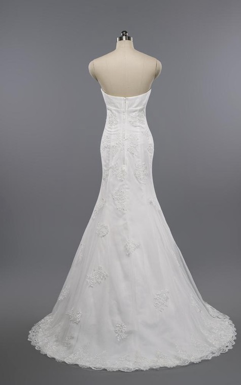 Mermaid Floor-Length Sweetheart Sleeveless Bell Appliques Zipper Keyhole Tulle Lace Dress - 2