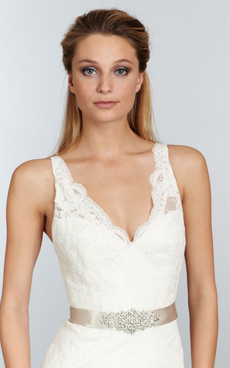 Stunning V-Neck Long Lace Dress With Crystal Ribbon Sash - 3