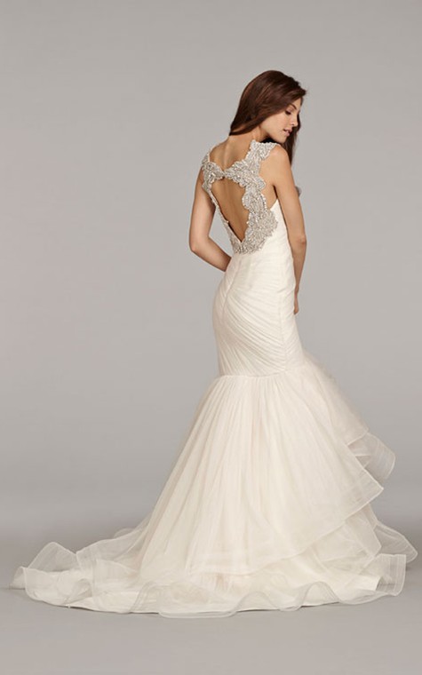 Stunning Sleeveless Ruched Flounced Dress With Beaded Embellished Keyhole Back - 2
