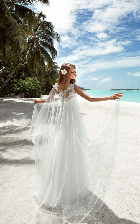 A-Line Floor-Length Scoop-Neck Cap-Sleeve Empire Corset-Back Tulle Dress With Appliques And Beading - 3