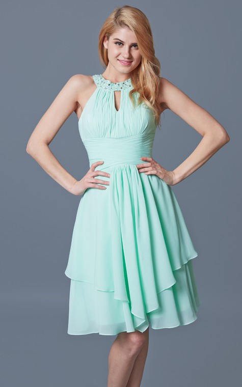 Elegant Sleeveless Tiered Knee Length Chiffon Dress With Keyhole Back - 5