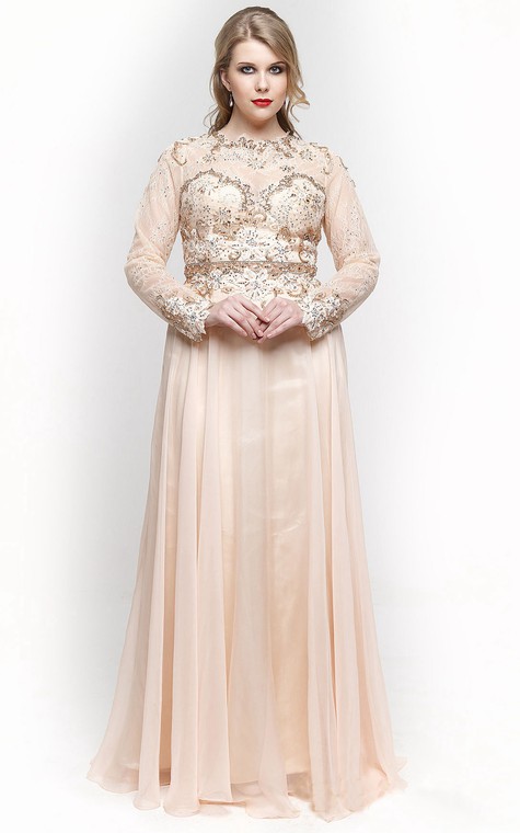 A-Line Floor-Length High-Neck Long Sleeve Chiffon Pleats