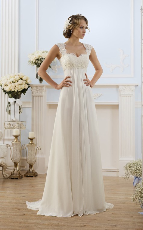 A-Line Long Cap-Sleeve Keyhole Chiffon Dress With Lace - 1