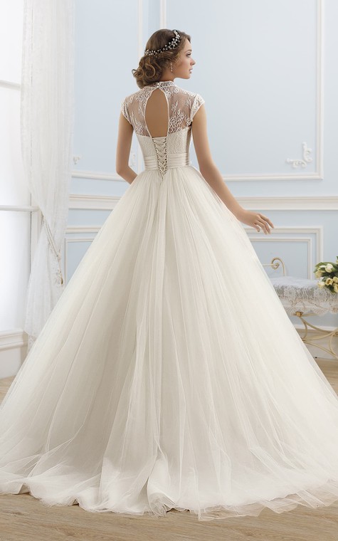 Ball Gown Maxi High-Neck Sleeveless Illusion Satin Dress With Lace - 2
