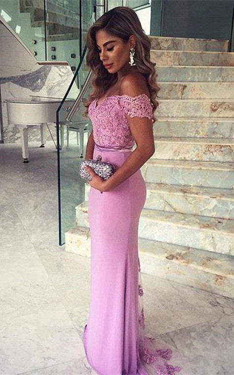 Elegant Lace Appliques Mermaid 2016 Prom Dress Off-the-shoulder Sweep Train - 1