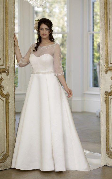 A-Line Floor-Length Scoop Neck Half Sleeve Illusion Satin Court Train Low-V Back Beading Dress - 1