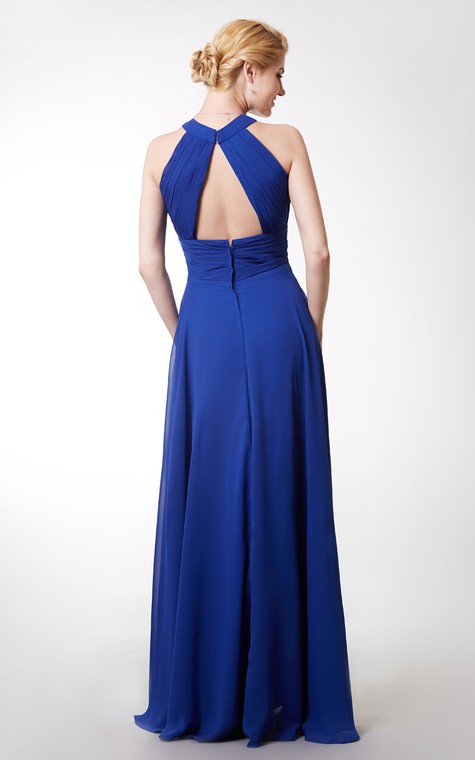 Chic High Neck Chiffon Gown With Ruching and Keyhole - 3