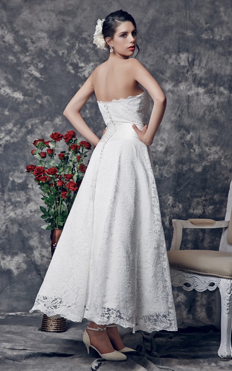 Delicate Strapless Tea Length Lace Dress With Floral Ruched Waistline - 3