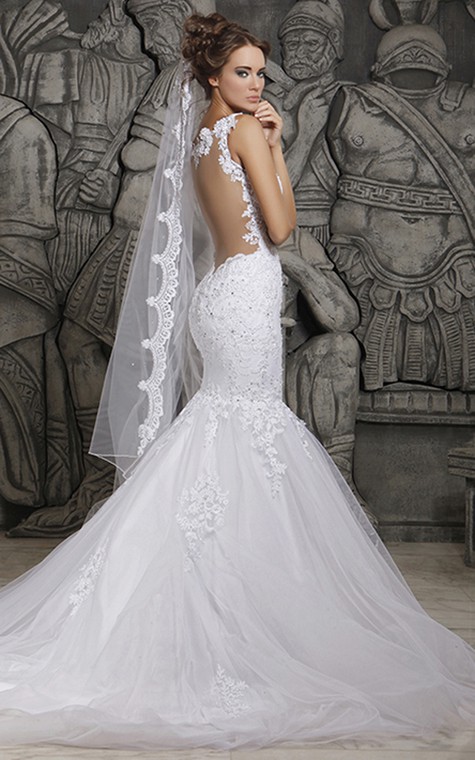 Magnificent Lace and Tulle Mermaid Dress with Wedding Veil - 4