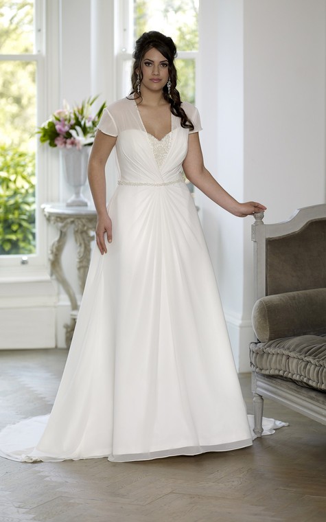 A-Line Floor-Length Sweetheart Short Sleeve Chiffon Satin Court Train Lace-Up Back Beading Dress - 1