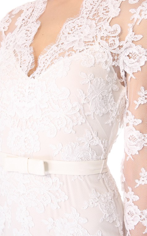 Unique Long Sleeves Long Low-V Sheath Lace Dress - 4