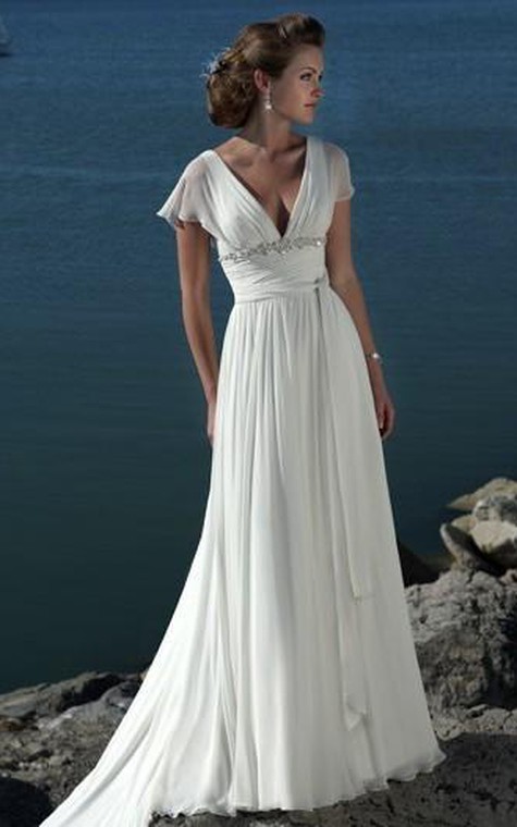 A-line V-neck Short Sleeves Beading Sweep Train Chiffon Beach Wedding Dress - 1