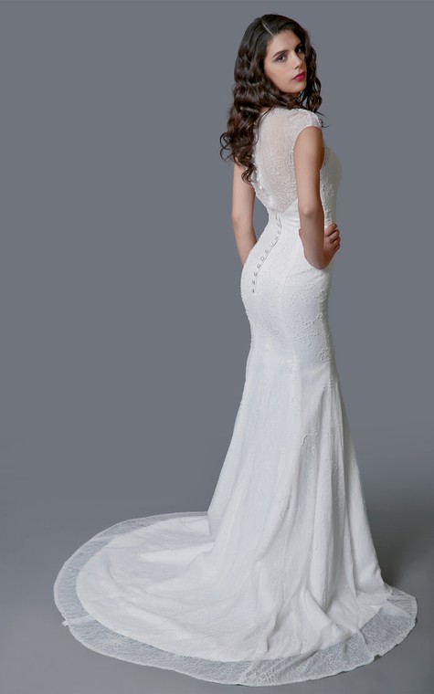 Ethereal Cap Sleeve Long Lace Sheath Dress - 3