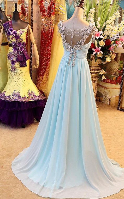 A-Line Backless Blue Evening Dresses V-Neck Crystal Beading Blingbling Prom Gowns - 2