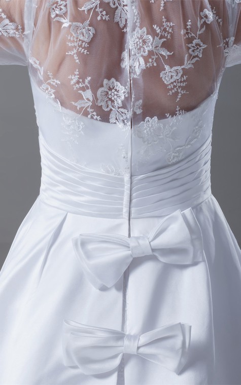 Exquisite Long Sleeve High Neck Satin Appliqued a Line Wedding Dresses - 6