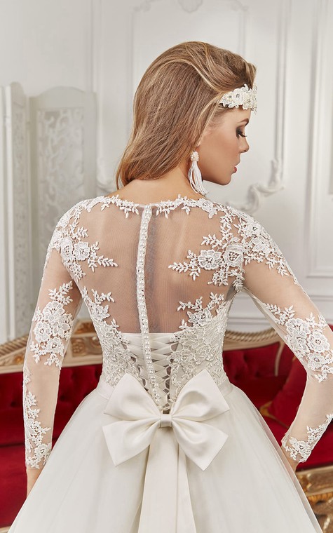 Bateau Floor-length Long Sleeve Illusion Back Appliques Dress With Bows - 3