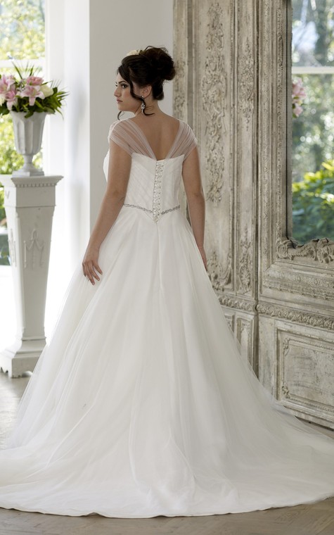A-Line Floor-Length V-Neck Cap Tulle Satin Court Train Lace-Up Back Waist Jewellery Dress - 2