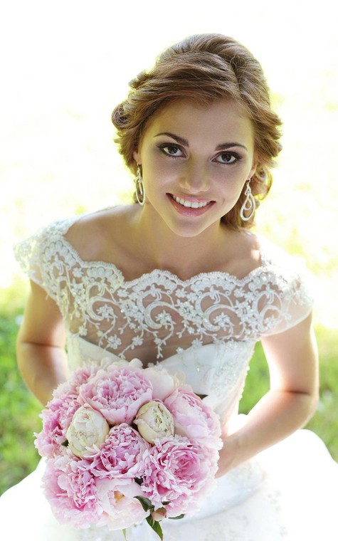 Lace-Bodice Tulle Cap Sleeve A-Line Bridal Gown With Illusion Back - 5