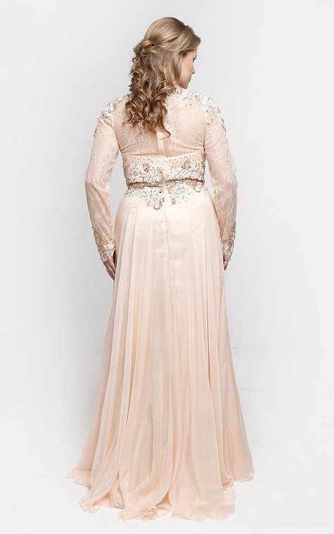 A-Line Floor-Length High-Neck Long Sleeve Chiffon Pleats