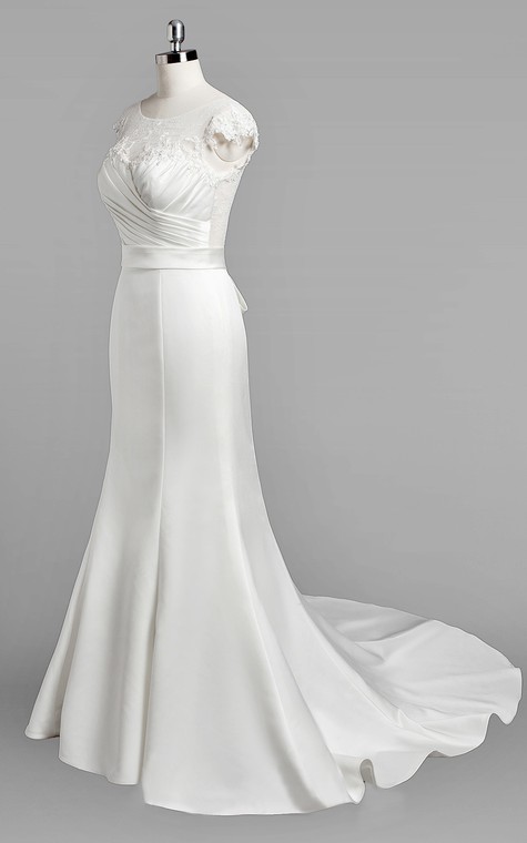 Bateau Neck Cap Sleeve Mermaid Satin Wedding  Dress  With 