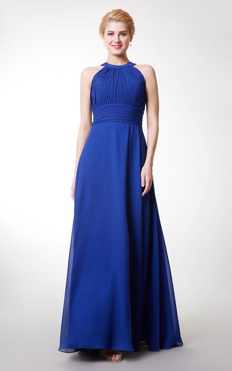 Chic High Neck Chiffon Gown With Ruching and Keyhole - 1