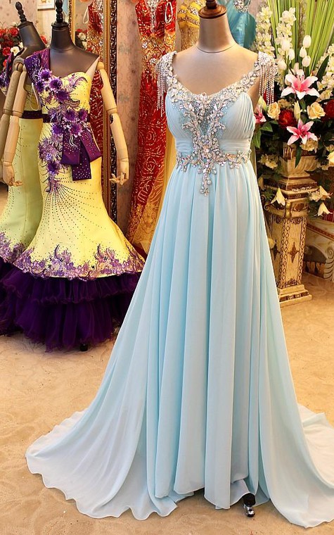 A-Line Backless Blue Evening Dresses V-Neck Crystal Beading Blingbling Prom Gowns - 1