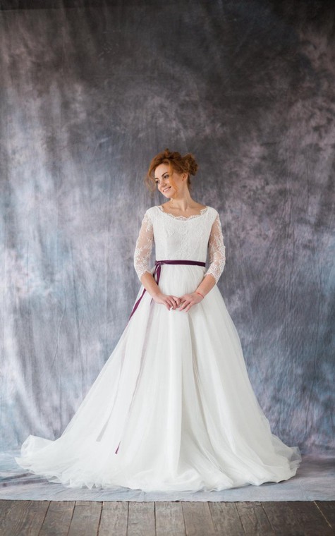 3-4 Sleeve A-Line Lace and Organza Dress With Bateau Neckline and Satin Sash - 2