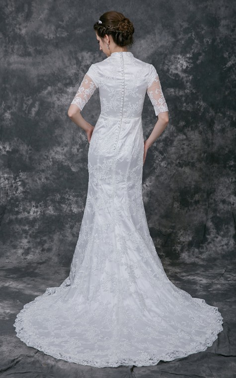 Vintage Scalloped-Edge Neckline Lace Bridal Gown with Half Sleeves - 3