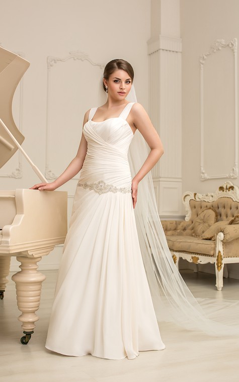 A-Line Long Square-Neck Sleeveless Dropped Lace-Up Chiffon Dress With Beading And Ruching - 1