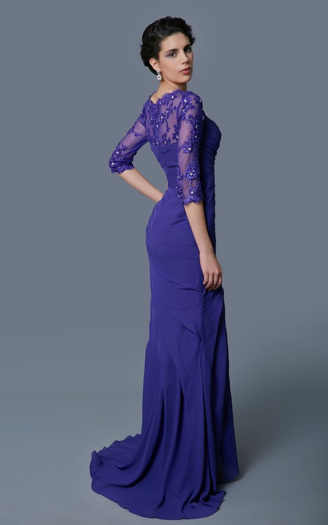 Classic A-line Long Formal Chiffon Dress With Lace Sleeves - 3