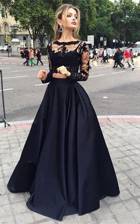 Ball Gown Long Sleeves Bateau Satin Floor-Length Dresses - 1