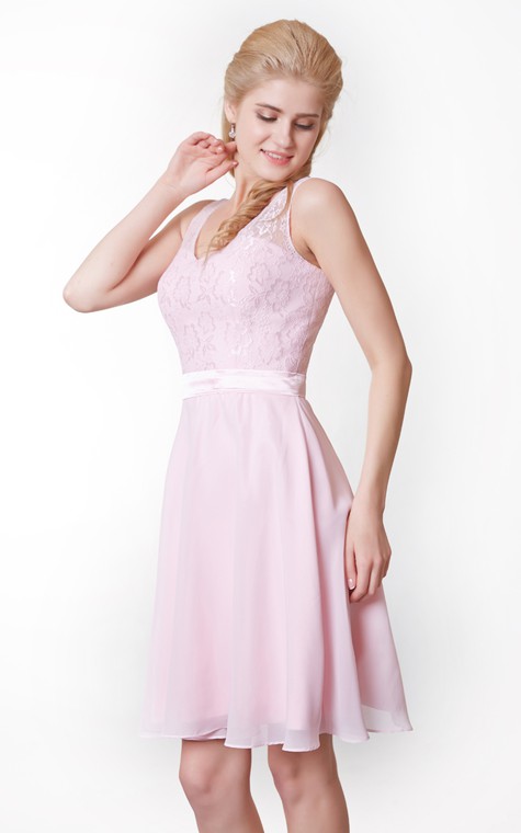 V-neck V-back A-line Knee Length Dress Lace Bodice - 4