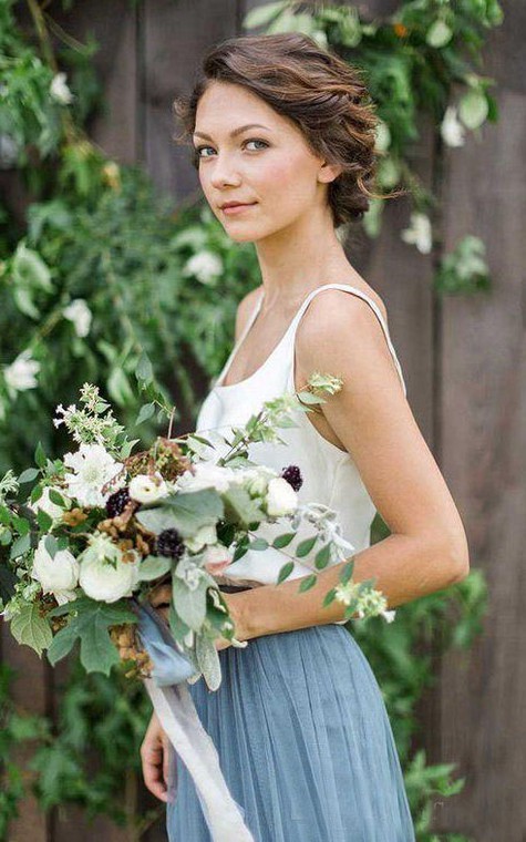 Sleeveless A-line Long Tulle Gown with Pleats and Scoop Neck - 2