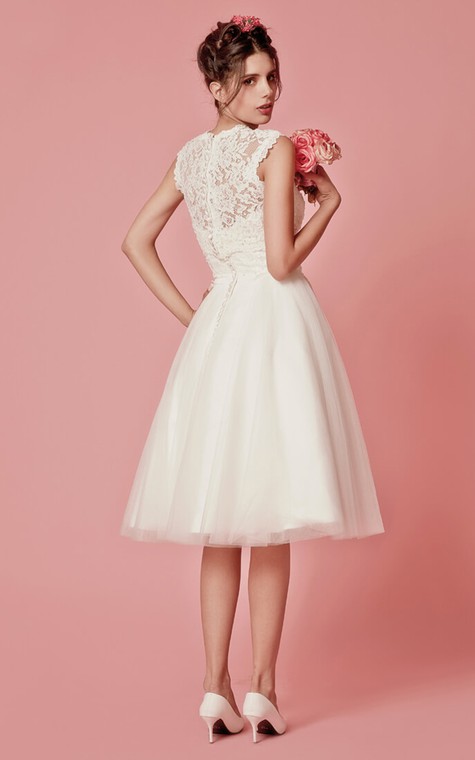 Aristocratic Cap-sleeve High Neck Tea-length Dress With Lace Top - 5