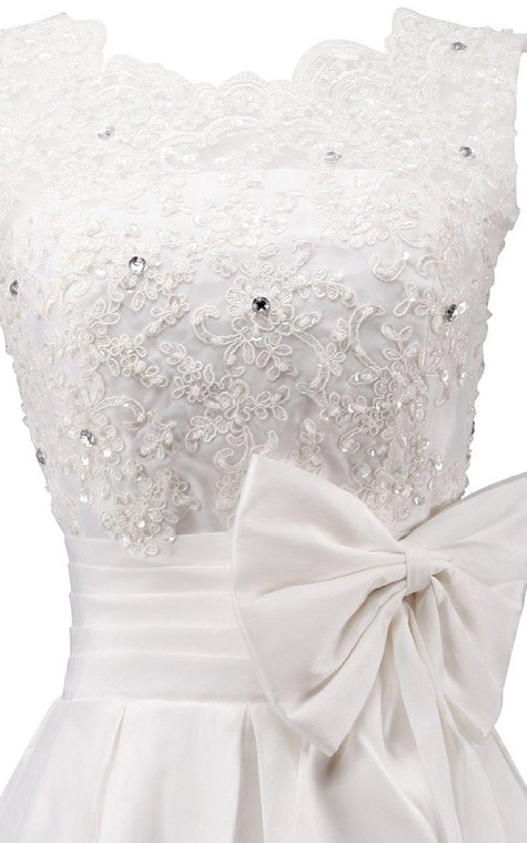 Sleeveless A-line Dress With Bow and Lace - 3