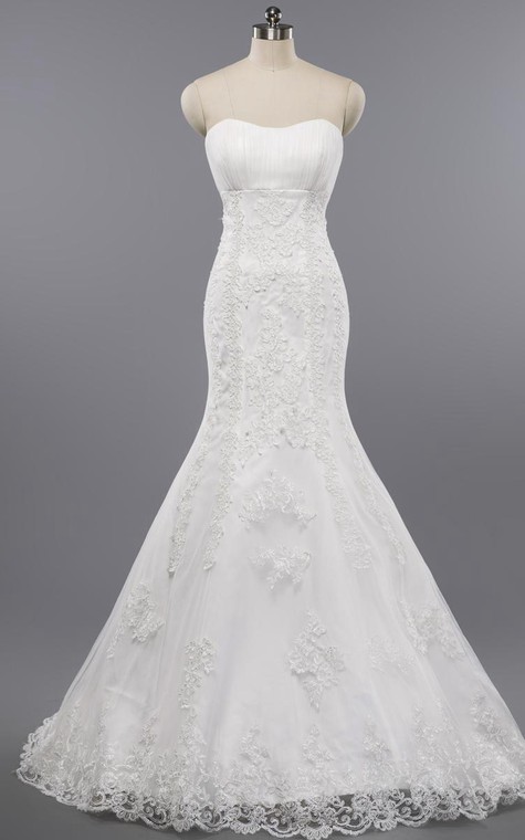 Mermaid Floor-Length Sweetheart Sleeveless Bell Appliques Zipper Keyhole Tulle Lace Dress - 1