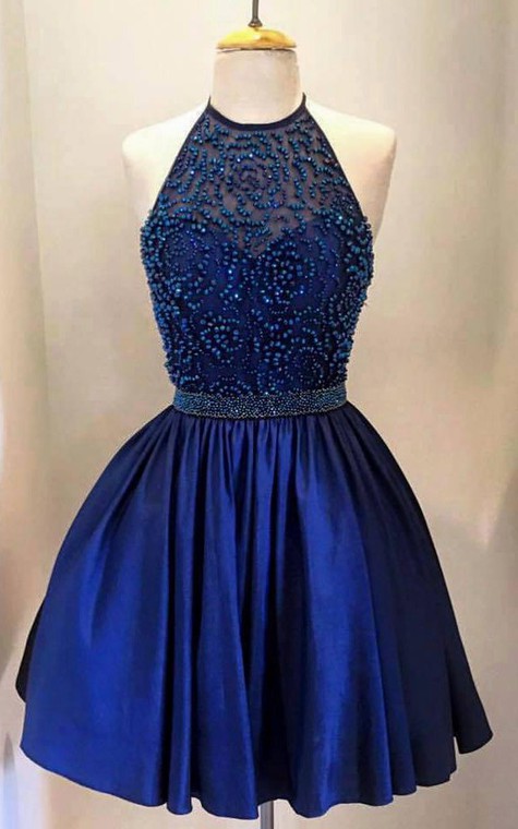 Halter High Neck Taffeta Dresses With Beaded Bodice - 1