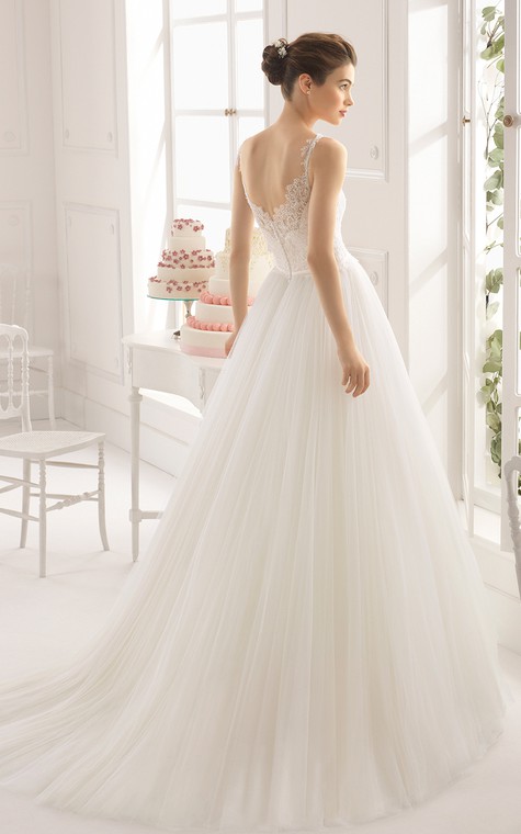 Dreaming Sleeveless A-Line Tulle Long Dress With Baeau Neckline - 2