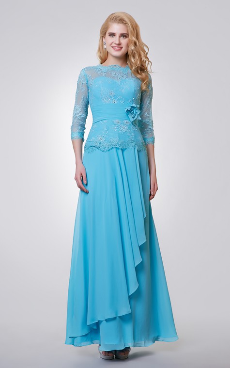 3-4 Length Sleeve Long Chiffon and Lace Dress With Side Draping - 1